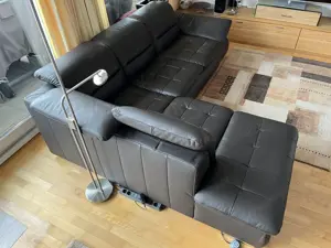 Ledercouch mit Schlaffunktion und Bettkasten - dunkelbraun mit Steppung Bild 4