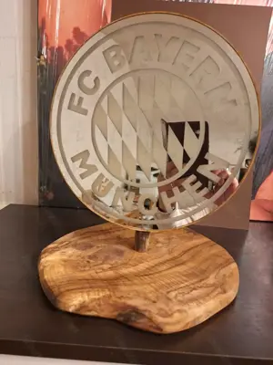 Runder Glas-Spiegel mit verdeckter LED-Lichterkette auf Holzbrett und Schwemmholz (mit Wunschmotiv)