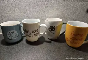 4 Kaffeetassen mit Spruch Neu