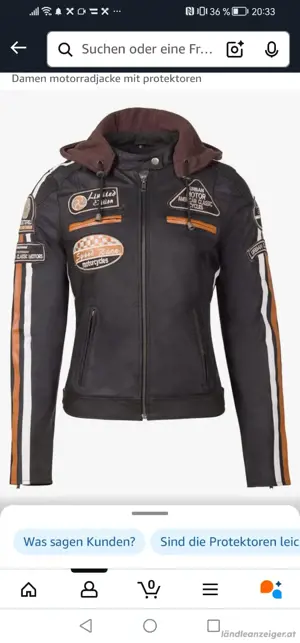 Motorradjacke Damen mit Protektoren (gem. Abbildung aber ohne Stoffkapuze)
