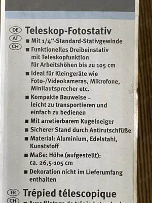 Teleskop Fotostativ mit Arbeitshöhe bis zu 105 cm Bild 3