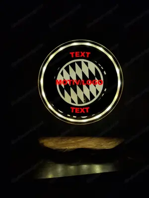 Runder Glas-Spiegel mit verdeckter LED-Lichterkette auf Holzbrett und Schwemmholz (mit Wunschmotiv)