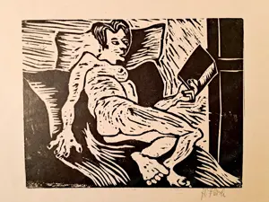Hermann Fleisch - Holzschnitt "Nackt lesen"