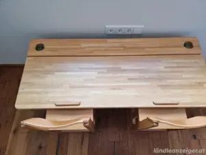 Alte Schulbank Schreibtisch mit 2 Stühlen Bild 5