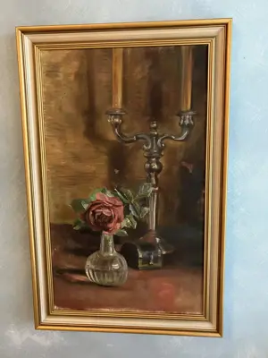 Gemälde Stilleben mit Rosen und Kerzenständer, signiert "Inama"