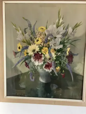 Stilleben "verschiedene Blumen in einer Vase", Öl auf Karton, Vernon Ward, 1953
