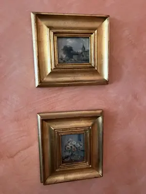 2 kleine Bilder Blumenstrauß und Flusslandschaft, Öl auf Leinwand