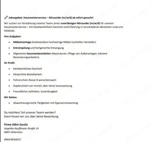 Allrounder ab sofort Gesucht