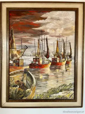 Ölgemälde Hafenmotiv mit Fischerbooten   signiert P. Liebelt   Vintage-Rahmen