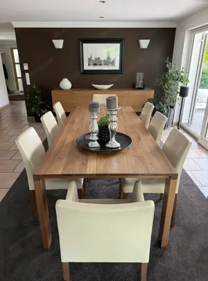 Design Essgruppe Tisch Eiche massiv 240cm x 105cm und 8 Echtleder Essstühle, neuwertig Bild 2