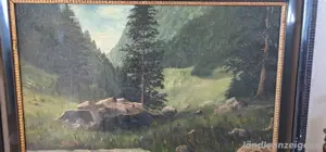 1900 Romantische Waldlandschaft Bergwiese Tannen Ölgemälde Alpen Gebirge Bergwiese