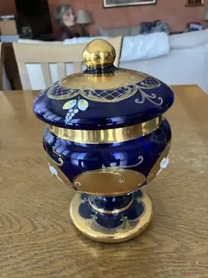 Glasschale blau gold Blumendekor mit Deckel Vintage