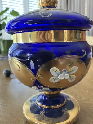Glasschale blau gold Blumendekor mit Deckel Vintage Bild 2