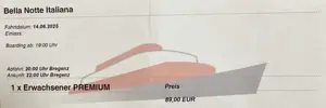 1 Ticket  Karte für Bella Note Italiana, auf der Sonnenkönigin am Samstag den 14.06.2025 Bild 3