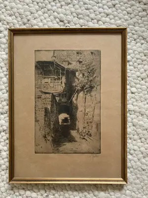 Originalradierung Peter Hahn, signiert, Dorfansicht ca. 1920 mit Rahmen