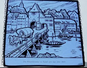 Rheinbrücke Basel 1815 auf blauem Glas Zinneinfassung 1965