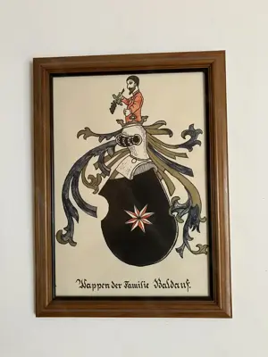 Familienwappen "Baldauf" farbig im Holzrahmen