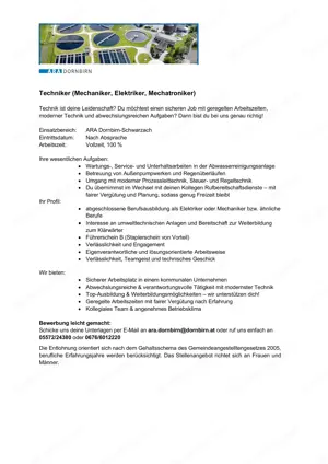 Ausschreibung Elektriker - Abwassereinigung Region Dornbirn-Schwarzach