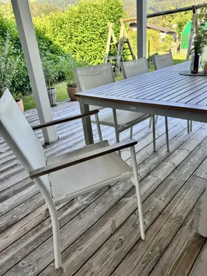 Set aus rechteckigem ausziehbarem Tisch 215-320x100 cm und 6 Gartenstühle stapelbar Bild 3