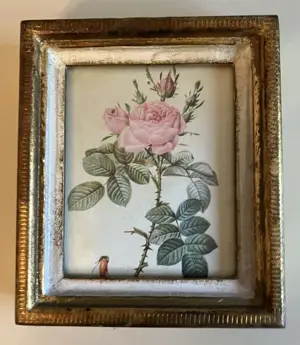 Bild klein mit Rose auf Seide mit Goldrahmen Vintage
