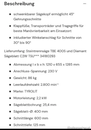 Tyrolit Steintrennsäge TBE 400 S Bild 2