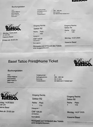 2 Tickets Basel Tatoo 14.7., 21.00h, Top: Reihe 1 Bild 2