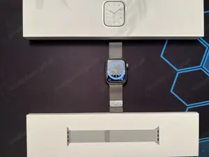 Apple Watch Series 7 (2021) Edelstahl 45mm GPS Cellular Milanaise Armband silber Original Bild 3