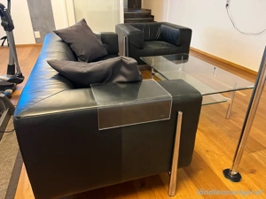 Ledercouch (schwarz) unf Glastisch Bild 2