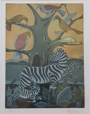 Landschaft mit exotischen Tieren, Farbradierung von Francis Lubas Imanjama, geboren in Sansibar 1959 Bild 2