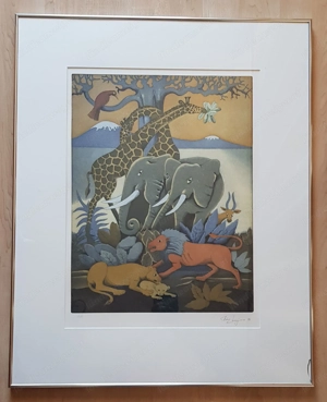 Landschaft mit exotischen Tieren mit Kilimandscharo im Hintergrund, Farbradierung von Francis Lubas  Bild 2