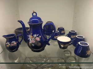 Teeset Kobaltblau, Pfauenmotive, Goldverzierung