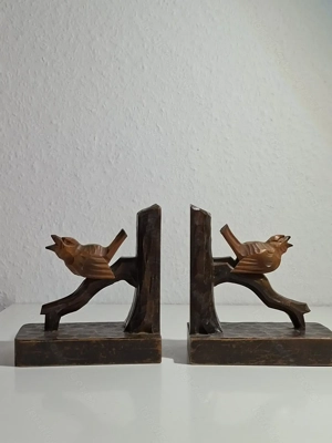 Antike Buchstützen aus dunklem Holz - geschnitzt - Vogel auf Baumast - ca. 100 Jahre alt Bild 3