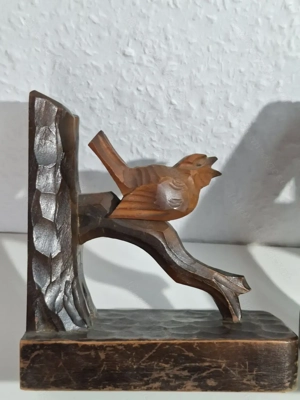 Antike Buchstützen aus dunklem Holz - geschnitzt - Vogel auf Baumast - ca. 100 Jahre alt Bild 5