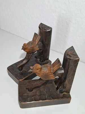 Antike Buchstützen aus dunklem Holz - geschnitzt - Vogel auf Baumast - ca. 100 Jahre alt Bild 4