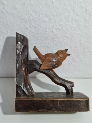Antike Buchstützen aus dunklem Holz - geschnitzt - Vogel auf Baumast - ca. 100 Jahre alt Bild 6