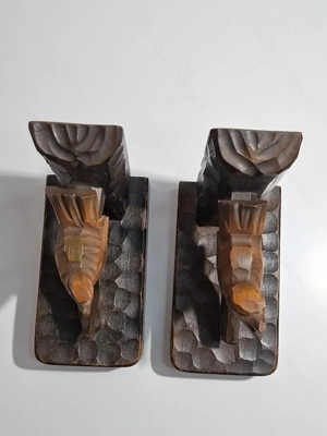 Antike Buchstützen aus dunklem Holz - geschnitzt - Vogel auf Baumast - ca. 100 Jahre alt Bild 7