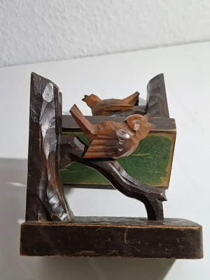 Antike Buchstützen aus dunklem Holz - geschnitzt - Vogel auf Baumast - ca. 100 Jahre alt Bild 10