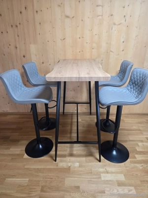 Hochtisch, Holzfarbe neuwertig. Bartisch mit Drehstuhl, silberfarben und grauem Lederbezug. Neu Bild 4