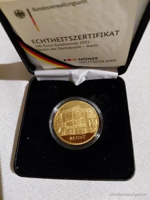 100 Euro Goldmünze Deutschland 2021, Säulen der Demokratie-Recht, 999,9 Feingold Bild 2