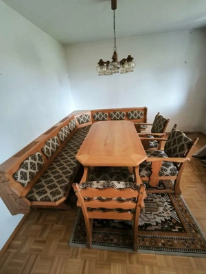 Rustikale Vollholz-Eckbank-Garnitur mit Tisch, 3 Stühlen & passendem Sofa
