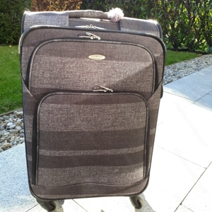 Trolley-Koffer - Größe M, Marke FRANKY, grau gestreift, 4 Rollen, bestens erhalten