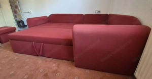 Couch mit sechs Polster, ausziehbar, mit zusätzlichem Bettkasten Hocker und Couchtisch Bild 7