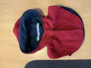 Mütze zum Wenden mit integriertem Schal, blau rot mit Reflexionsstreifen und Klettverschlüssen Bild 5