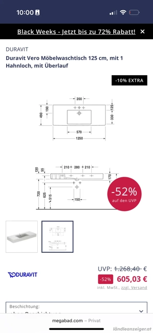 Waschbecken keramik, Duravit Vero Möbelwaschtisch 125 cm, mit 1 Hahnloch, mit Überlauf Bild 2