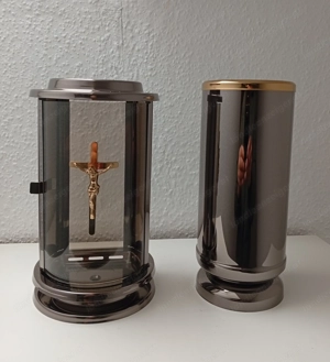 Grablampe+Grabvase aus Edelstahl silbergrau gold im Set Grablaterne Vase Friredhof