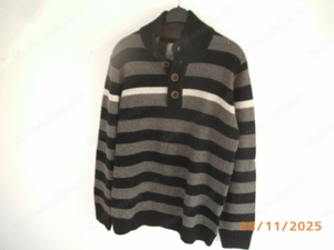 HERRENSTRICK Pullover Quergestreift Gr M   48 50 Stehkragen mit Knöpfen blau-grau Bild 2