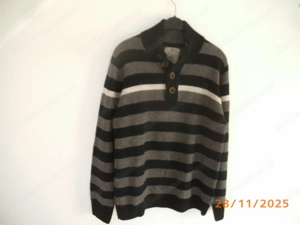 HERRENSTRICK Pullover Quergestreift Gr M   48 50 Stehkragen mit Knöpfen blau-grau Bild 4