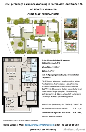 Helle geräumige 2-Zimmer-Wohnung in Röthis Alte Landstr. ohne Maklerprovision ab sofort zu vermieten