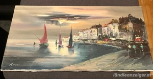 Handgemaltes Original - Hafenmotiv mit Segelbooten 