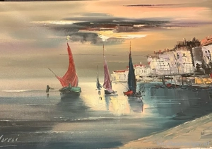 Handgemaltes Original - Hafenmotiv mit Segelbooten  Bild 3